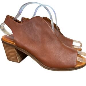Lucky Brand Rhazy Brown Leather Block Chunky Heel Slingback Sandals Shoes 8.5